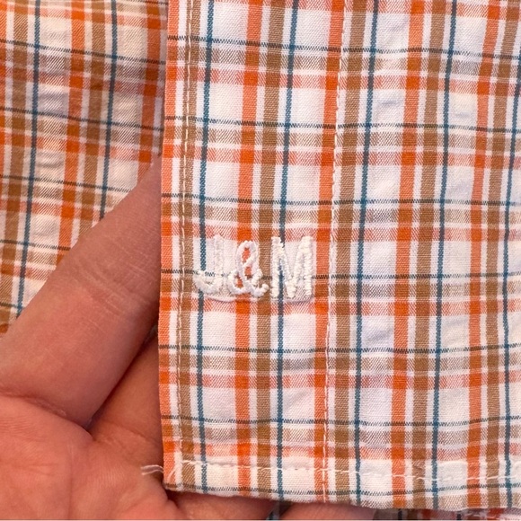 Johnston & Murphy Short Sleeve Button Front Down Shirt Plaid Orange Tan White - Picture 5 of 10